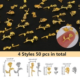 UHOMENY 50PCS 3D Gold Silver Rose Nail Charms, Flower Rose Golden Metallic Mini Alloy Nail Art Decals DIY Nail Accessories Studs for Women Girls Salon Nail Manicure Craft Jewelry Making with Box