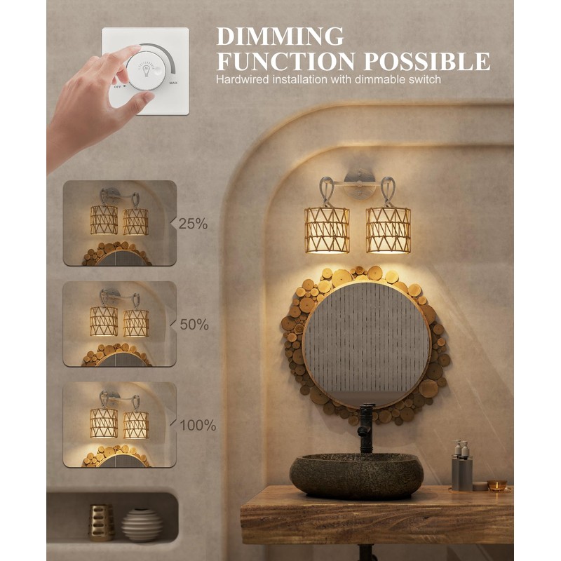 HYMELA N12-3 Two-Lights Boho Rattan Wall Sconce - Vanity Lights