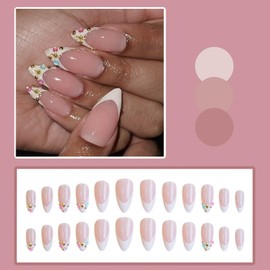 Gifiky 24Pcs French Tip Press on Nails - Short Almond False Nails with Acrylic Crystal Gem Design,Nude Fake Nails for Women,Reusable Glue on Nails Full Cover Tips
