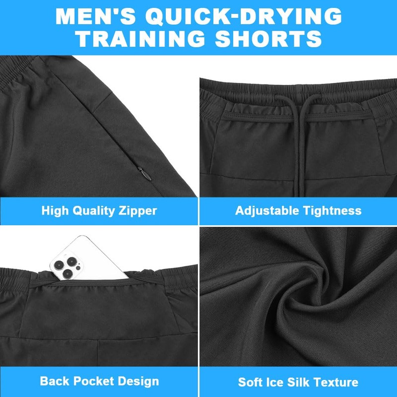 DiULi Men's Sports Shorts with Zip Pockets, Black, XL
