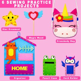Kids Sewing Kit for Beginners Toys Arts and Crafts - 6 DIY Sewing Projects with Pre-Punched Fabric, No Glue, Safe Plastic Needle, Creative and Fun Birthday Holiday Gift Ideas for Girls Boys Ages 5-12