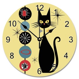 ArogGeld Cool Cat Wooden Wall Clock Retro Atomic Era Mid Century Clock Silent Non Ticking Battery Operated Easy to Read Wall Hanging Art Decor for Living Room Bedroom Kitchen Office School