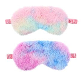Sleep Mask for Kids, 2 Pcs Soft Plush Kids Eye Mask for Sleeping Comfortable Rainbow Color Sleeping Eye Masks Fluffy Sleep Eyeshade Cover for Women Men Home Travel Nap