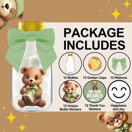 Ethisa 12 Pack Woodland We Can Bearly Wait Party Favors - Gender Neutral Jars with Ribbons and Stickers - DIY Sage Green Party Decoration Candy Bottles for Teddy Bear Baby Shower and Gender Reveal