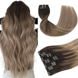Youngsmile Real Human Hair Clip in Extensions Color 2 Darkest Brown Fading to 6 Chestnut Brown And 18 Ash Blonde 120g 7pcs 18inch Invisible Natural Human Hair Extensions Clip in(#2/6/18-18inch)