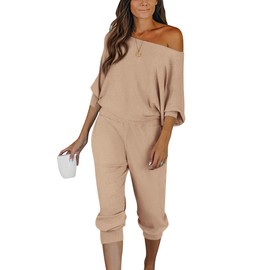 PRETTYGARDEN Women's 2 Piece Ribbed Tracksuit Outfits Off Shoulder Long Sleeve Pullover Lounge Pants with Pockets (Khaki,Large)