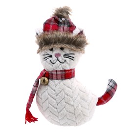 Pavilion - Cranberry Cat - 13.5" Decorative Door Stopper Plaid Holiday Christmas Home Decor Feline Kitty Cat Kitten Lover Gift Present