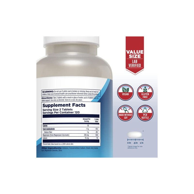 KAL Magnesium Glycinate Tablets, Fully Chelated, High Absorption Formula with