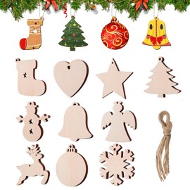 50 PCS Wooden Christmas Decorations Tree Hanging Ornaments with 50 PCS Twines,Wood Tags Ornaments Snowflake Star Sock Snowman Pendants for Christmas Tree Hanging Decor & Art Crafts DIY Gift (Colour 3)