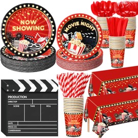 Funnymoom 452 Pcs Movie Night Party Decorations Supplies Set Include Movie Theme Birthday Paper Plates Napkins Cups Tablecloth Cutlery Straws for Now Showing Red Carpet Birthday Party
