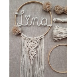 LIDAM Macrame Name Ring as a Simple Craft Set – Beginner-Friendly with Picture Instructions – Baby Gift Birth – Dream Catcher, Christening Gift, Macrame Set, Door Sign, Decorative Children's Room