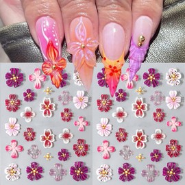 Flower Nail Art Stickers 5D Embossed Nail Stickers for Nail Art Floral Nail Decals DIY Cherry Blossom Nail Design Self Adhesive Finger Manicure Supplies Spring Nail Stickers for Women Girls 2Pcs