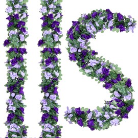 Fezaphy 5 Pack Artificial Flower Garlands 40FT Fake Rose Vines Purple Silk Flowers Hanging Roses Garlands Ivy for Wedding Arch Party Home Garden Table Wall Decor