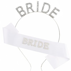 Chanaco 2Pcs Bachelorette Party Favors for Bride Bride to Be Sash and headband Bridal Shower Gifts Engagement Party Decorations White Pearls Accessories Silver Tiaras Decor Wedding Supplies