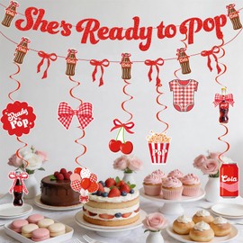 She's Ready to Pop Banner Red Bow Soda Garland with Hanging Swirls for Shes Ready to Pop Baby Shower Decorations Retro Coquette Soda Theme Party Décor