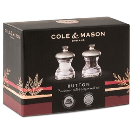 Cole & Mason Button Salt and Pepper Mill Set, Adjustable Precision+ Mechanism, Small 65mm Salt and Pepper Grinder Set Ideal for Picnics, Stainless Steel/Acrylic
