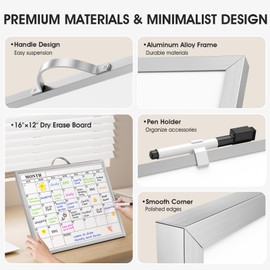 MaxGear Whiteboard Calendar for Wall, 16"x12" Monthly Whiteboard, Silver Aluminum Alloy Framed Small Dry Erase Board with Handle, for Students - Planning, Drawing, Memo, to Do List