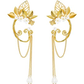 Hobbspring 2pcs Alloy Leaf Cuff Earrings Golden Elf Ear Cuffs Fairy Leaf Elf Earrings with Tassel Pearl Dangles for Women Fantasy Cosplay Wedding Costume Gifts Accessories