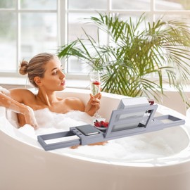 Utoplike Bathtub Tray Caddy Bamboo, Grey Bath Table for Tub Adjustable, Bathroom Organizer with Book Tablet Wine Glass Cup Towel Holder