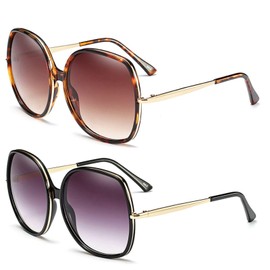 70s Super Oversize Square Sunglasses for Women Vintage Rectangular Plastic Frame (2Pack: Black + Tortoise)