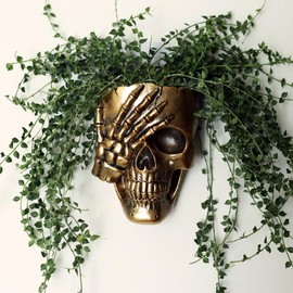 Dolkgy Skull Fence Planter for Outdoor Plants, Spooky Skull Wall Planters for Indoor Outdoor Décor, Funny Gothic Hanging Skeleton Head Plant Pot Gold Face Vase with Drainage