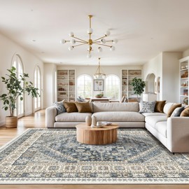 Restydon Washable Rugs 8x10 Area Rugs for Living Room, Non-Slip Backing Large Rug for Nursery Room, Vintage Floral Bedroom Rugs, Thin Indoor Home Decor Soft Farmhouse Rug(Blue/Beige,8'x10')