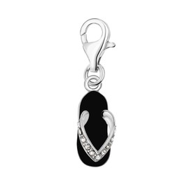 Quiges Black Enamel Flip Flop Clip On Charm Pendant with Cubic Zirconia Silver Plated Women's Jewellery