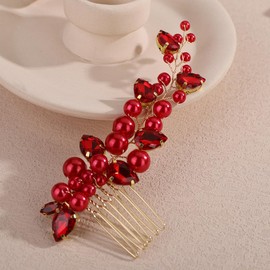 Rumtock Vintage Boho Pearl Gold Hair Comb with Red Rhinestones Wedding Bridal Hair Jewelry Women Special Occasion Hair Accessories (Red)