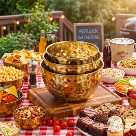 AKODENORA Gold Serving Bowls, Hammered Gold Bowls Set of 3, Large Popcorn Bowl Elegant Snack Bowl Set for Movie Night, Decorative Stainless Steel Salad Bowls for Party & Entertaining (7.2, 4, 2 Qt)