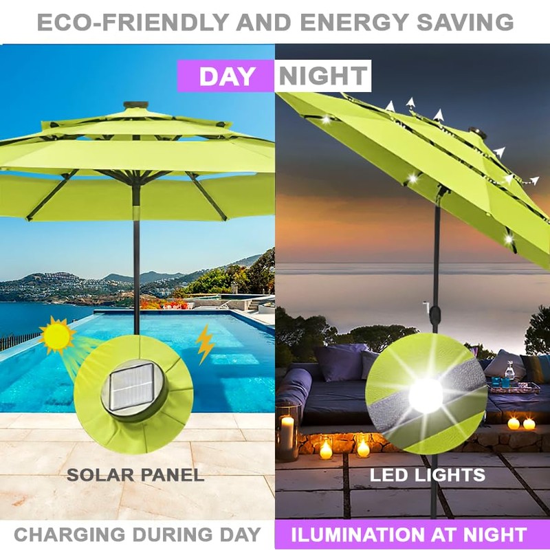 BELLA LEAF 9ft 3 Tiers LED Lights Patio Umbrella with