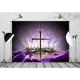 Loccor Fabric 9x6ft Jules Backdrop Wreath of Thorns with King Crown Nails Photography Background Easter Church Banner Passion and Resurrection Backdrops Holy Light Religious Purple Decor Photo Props