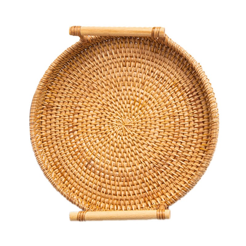Hand Woven Round Rattan Serving Tray Bread Fruit Dessert Snack