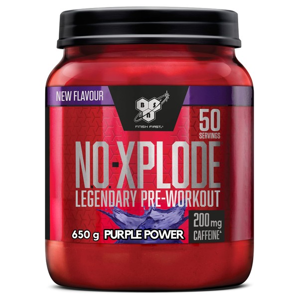 BSN Nutrition N.O.-Xplode Pre Workout Powder Food Supplement, Energy and Focus Booster with Caffeine, Amino Acids, Vitamin C and Zinc, Purple Power Flavour, 50 Servings, 650 g