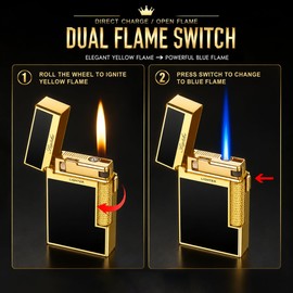 Refillable Butane Lighter, Dual Flame with Soft Flame & Jet Torch, Side Slide Flint Wheel Ignition, Classic Vintage Metal Pocket Lighter with Gift Box (Fuel Not Included),Silver