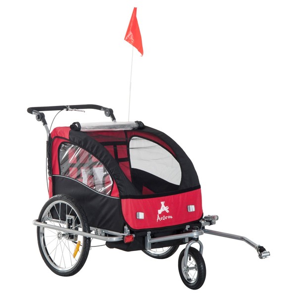 Aosom Elite 360 Swivel Bike Trailer for Kids Double Child Two-Wheel Bicycle Cargo Trailer with 2 Security Harnesses, Red