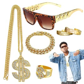 DOKLY 4 PCS Dollar Sign Pendant Necklace Ring Set,Metal Chain Necklace Earrings Sunglasses,80s/90s Hip Hop Costume Kit Hip Hop Rapper Costume Jewelry Punk Style for Men Women