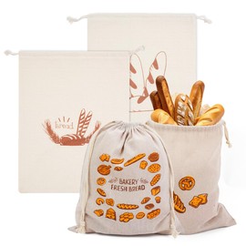 4PCS Bread Bags for Homemade Bread, Eco Reusable cotton Linen Bags, 38×31cm Large Food Bread Storage and Container, Kitchen Bread Bag Set with Four Patterns to Keep Bread Fresh