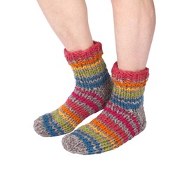 Pachamama Women 100% Wool Bed Sofa Socks Handknitted Stripe Rainbow Multicoloured Medium 4-7 Handmade Extra Warm