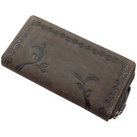 Large buffalo full leather women´s purse with hummingbird-motif with zipper in brown or cognac (Brown)