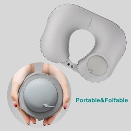 Inflatable Travel Pillow with Built-in Pump - Portable Neck Pillow Fast Blow Up Neck Cushion with Comfy Elasticity Fabric for Neck Support Sleep Rest Airplane Car Office Outdoor and etc. - Grey