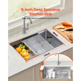 VEVOR 27" Undermount Kitchen Sink Workstation, 9-inch Deep Single Bowl Kitchen Sink, 304 Stainless Steel Ledge Sink with Draining Rack, Cutting Board & Rinse Grid for Home, RV, Bar