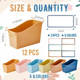 Geetery 12 Pcs Book Bin with 24 Pcs Labels Stackable Plastic Organizing Bins 11.5 x 5.4 x 7.5 in Book Holders for Classroom Box Baskets for Classroom Library Home(Retro Colors)
