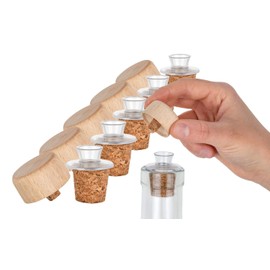 5 Pack Plastic Pourers with Wooden Lid and Cork Stoppers | Slim | Suitable for Oil, Vinegar, Spirits or Liquors