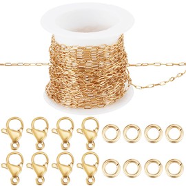 Beebeecraft 10M 304 Stainless Steel Paperclip Chains for Jewelry Making Gold Cable DIY Craft Jewelry Making Chains Bulk with Lobster Clasps and Open Jump Rings