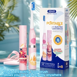 SEAGO SG-505 Travel Electric Toothbrush, Portable Toothbrush, 24,000 VPM, IPX7 Waterproof, 8 Brush Heads (Soft & Tilted Bristles), Battery Powered for Adults, On The Go (Thai Design, Made in Thailand)