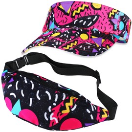 Mepase 2 Pcs 80s 90s Fanny Pack 80s Outfit Sun Visor Hat Waist Bag 80s Accessories for Men Women Summer Party Golf Tournament(Cool)