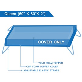 Mattress Topper Cover Queen Size (Only Cover) 3 Inch Mattress Protector Cooling Bamboo Rayon Zippered Mattress Encasement with Adjustable Straps for Latex Mattress Topper Memory Foam Cover