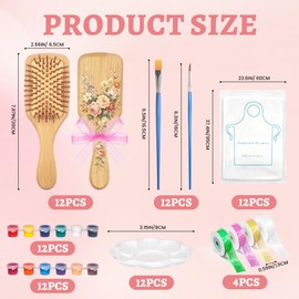 76 Pack Bamboo Hairbrush Painting Kits 12 Set DIY Wooden Hairbrush Set with Paint, Brush, Palette, Aprons and Ribbon, Girls Hand Painted Crafts Make Your Own Night Party Supplies as a Gift (Square)