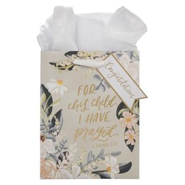 Christian Art Gifts Medium Portrait Inspirational Scripture Gift Bag, Tag & Wrapping Tissue Paper Set for Parents: For This Child We Have Prayed, Sturdy Satin Ribbon Handles, Charcoal Gray