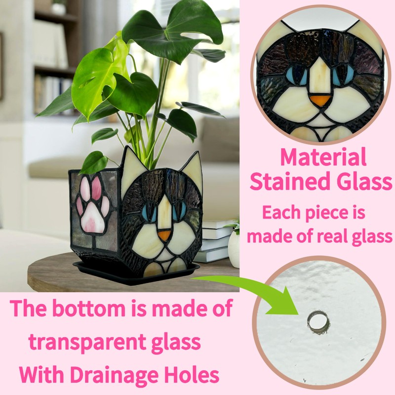 Entlityful Stained Glass Black Cat Flower Pot,Succulent Pots with Drainage,Unique